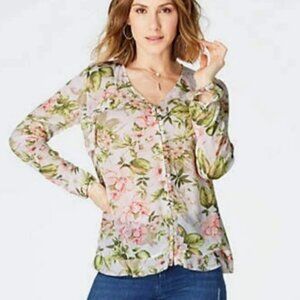 J Jill Floral Ruffle Trim Blouse Women Large Petite White Pink Green Cottagecore